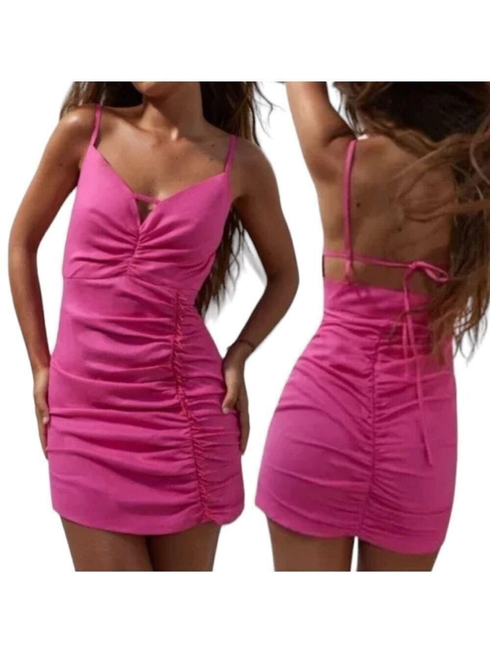 ZARA PINK MAGENTA BEADED LINEN BLEND MINI DRESS OPEN BACK SZ M